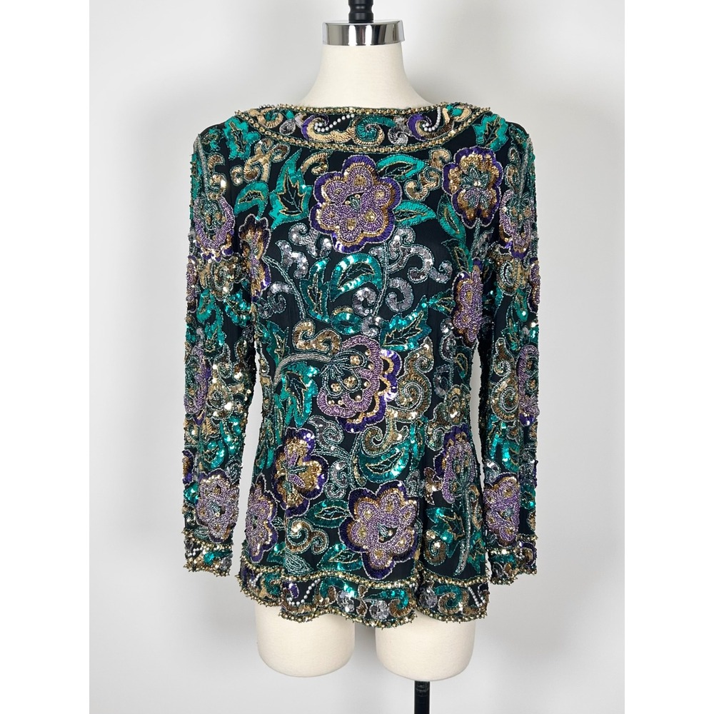 Vintage Oleg Cassini Black Tie Top Women's Medium Sequin Beaded Long Sleeve Silk